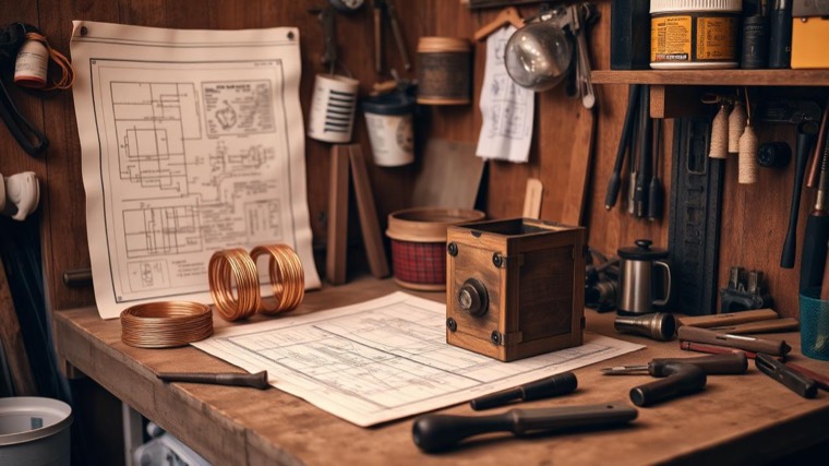 Old blueprint drawings, copper coil and a small handmade box device on a home garage workbench